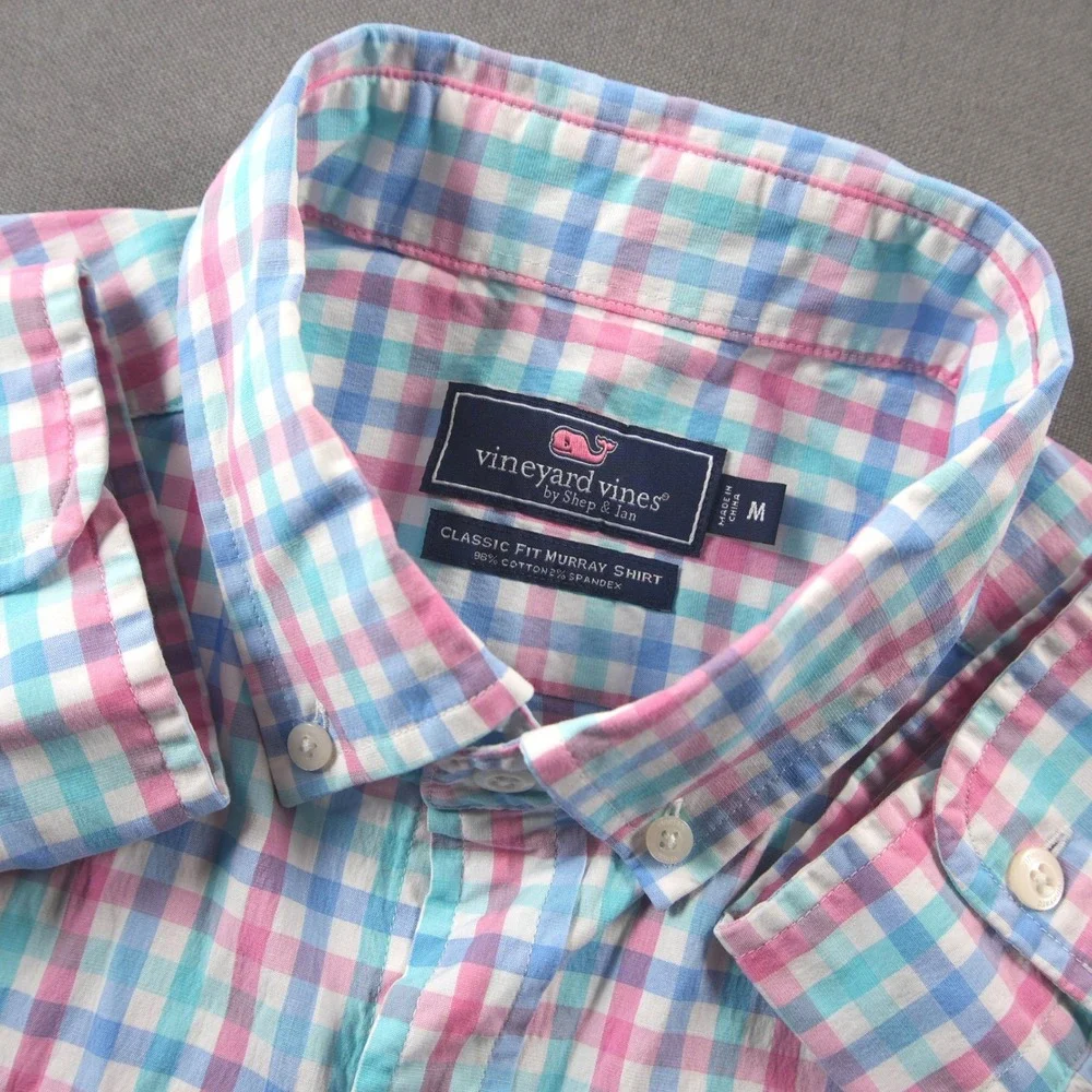 Vineyard Vines Classic Fit Murray Gingham Stretch Men Shirt M Pink Work Bissness